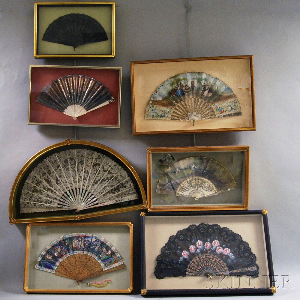 Appraisal: Seven Framed Fans including a white lace and mother-of-pearl fan