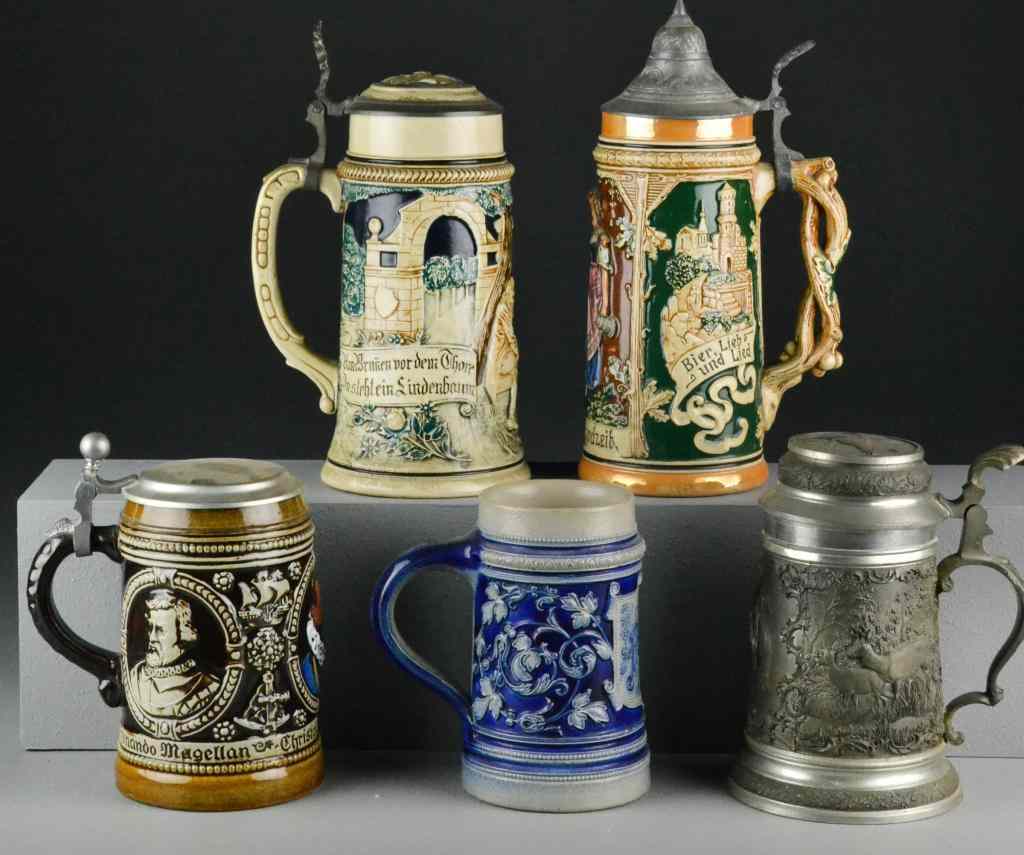 Appraisal: Stoneware Pewter Beer SteinsTo include a Christopher Columbus stein a