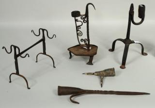 Appraisal: Five Early Wrought Iron Lighting Items Five early wrought iron