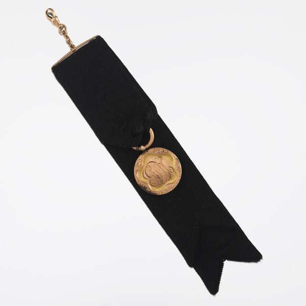 Appraisal: VICTORIAN GENTLEMEN'S TWO-TONE GOLD FOB MEDALLION ON SATIN RIBBON x