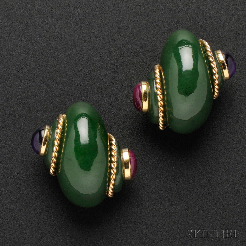 Appraisal: kt Gold Nephrite Jade Amethyst and Ruby Earclips Verdura each