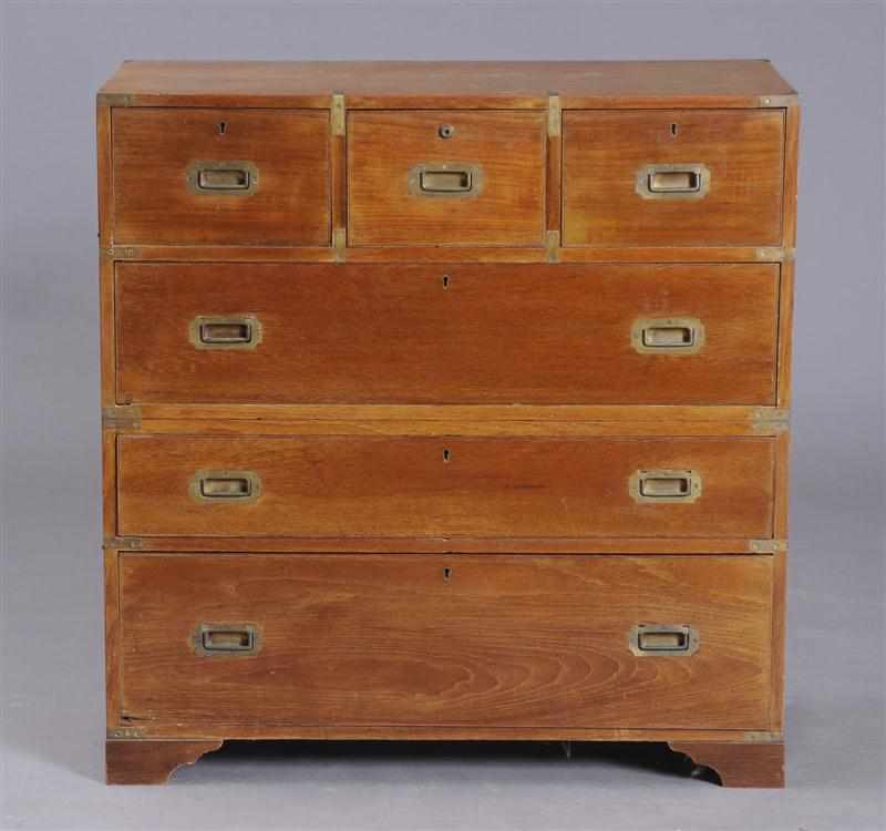 Appraisal: VICTORIAN BRASS-MOUNTED TEAK TWO-PART CAMPAIGN CHEST With secretaire and two