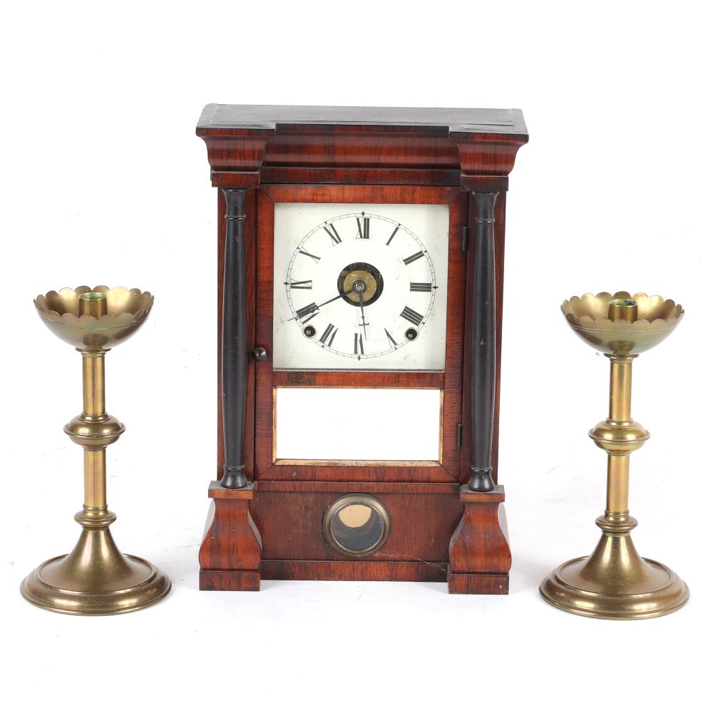 Appraisal: SETH THOMAS MANTLE CLOCK AND PAIR ANTIQUE BRASS CANDLEHOLDERS H