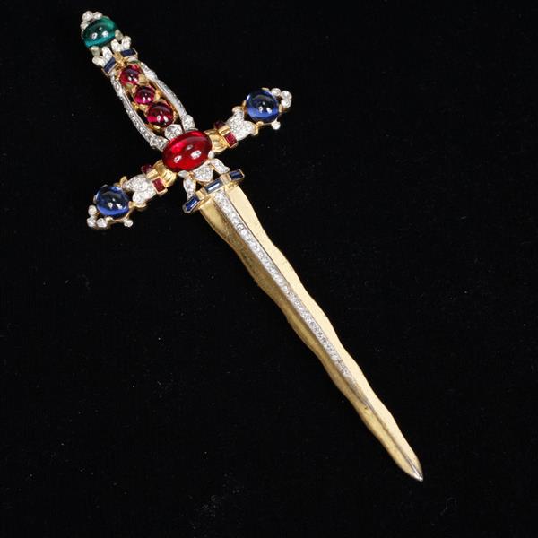 Appraisal: Trifari Dagger Pin with red blue and green cabochons Missing