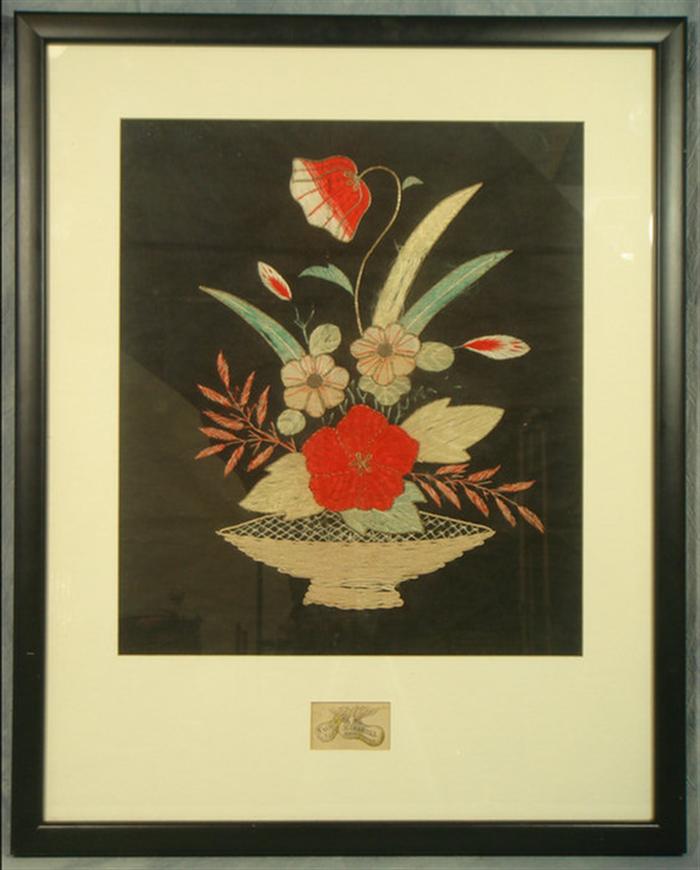 Appraisal: Silk embroidery by H Imamura Nagasaki Japan basket of flowers