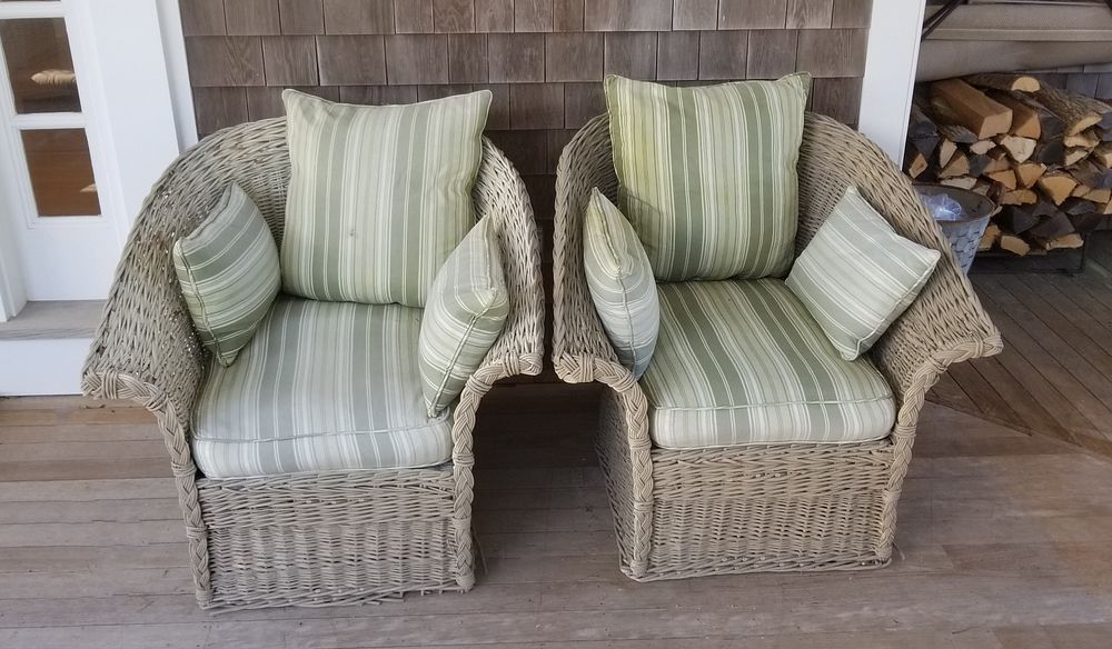 Appraisal: Pair of Wicker Woven Armchairs with Green Striped Cushions Pair