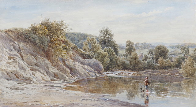 Appraisal: THOMAS DANBY - Fisherman and his dog signed watercolour cm