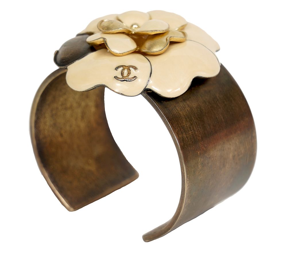 Appraisal: Chanel Brass Tone Enamel Cuff Bracelet Chanel cuff in brass