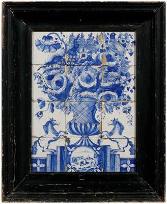 Appraisal: blue-decorated ceramic tiles urn of flowers flanked by rearing horses