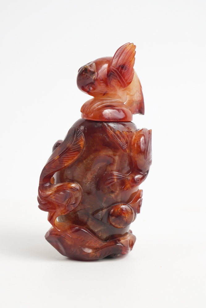 Appraisal: CHINESE CARVED CARNELIAN CENSOR WITH LID Lid with carved bit