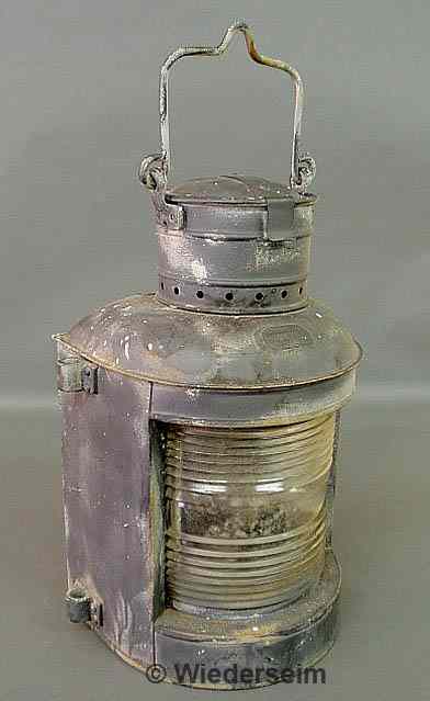 Appraisal: Galvanized ships lantern with Fresnel glass and labeled Marine Lighting