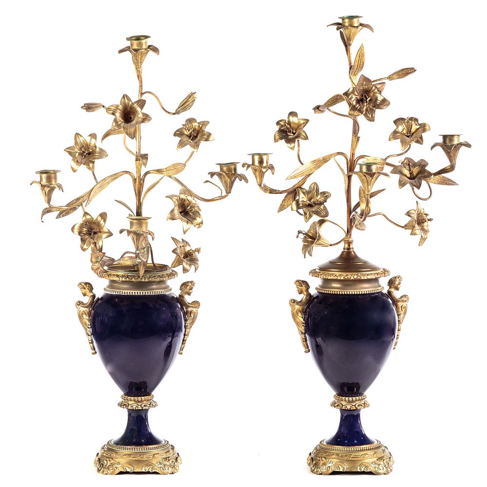 Appraisal: Pair of Sevres Bleu De Roi Porcelain Urn Candelabras Second