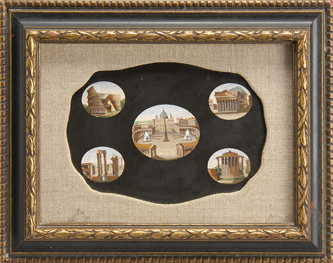 Appraisal: FRAMED MICROMOSAIC PANEL ON SLATE th CenturyDepicts five oval scenes