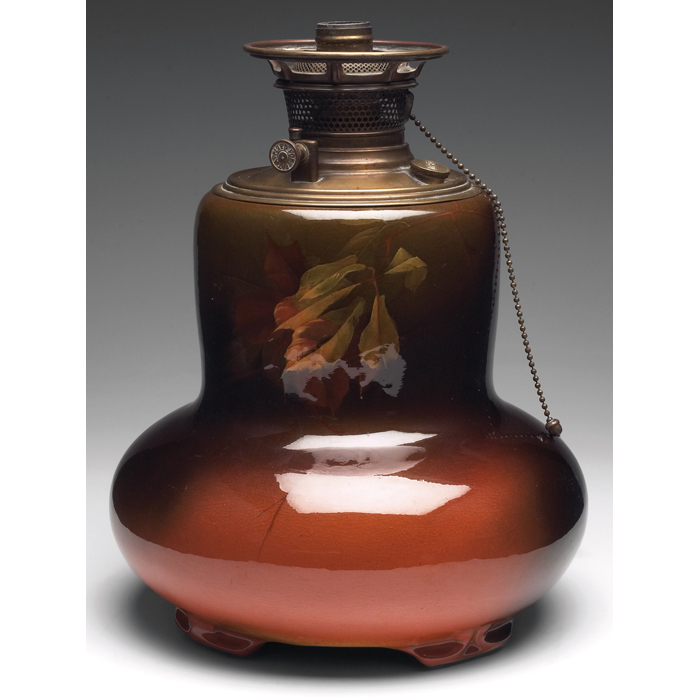 Appraisal: Weller Louwelsa lamp base brown glaze with nicely painted leaves