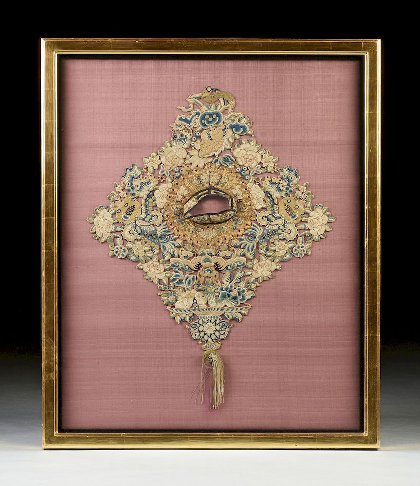 Appraisal: A CHINESE SILK AND GILT COUCHED THREAD FORBIDDEN STITCH EMBROIDERY