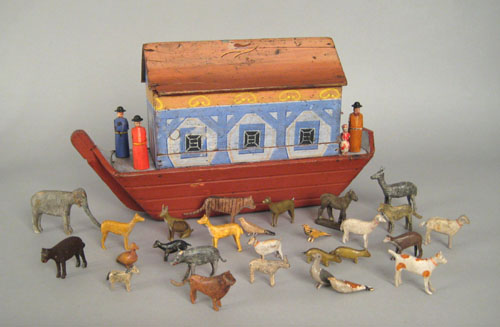 Appraisal: Carved and painted Noah's Ark late th c with twenty-eight