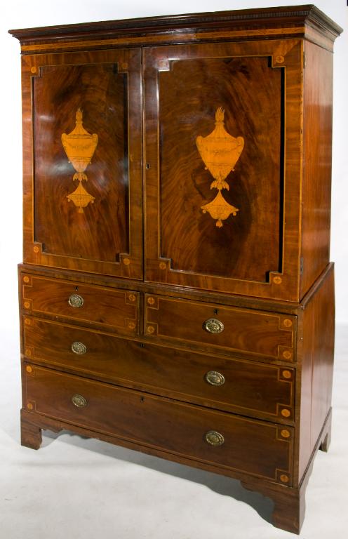 Appraisal: GEORGE III INLAID MAHOGANY LINEN PRESS c the satinwood inlay