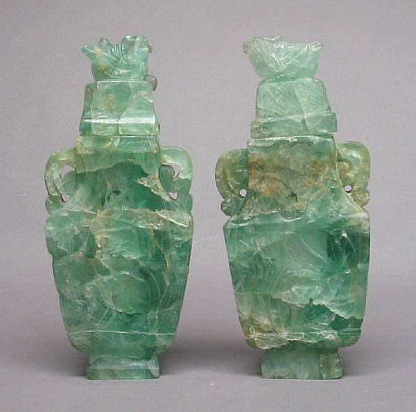 Appraisal: A pair of green fluorite covered vases Each of rectangular