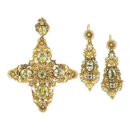 Appraisal: Antique Gold and Yellow Chrysoberyl Pendant and Pair of Pendant-Earrings