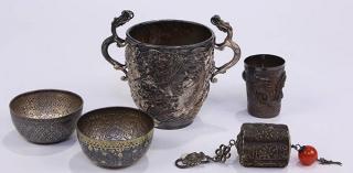 Appraisal: lot of Chinese Export silver vessel the repousse exterior depicting