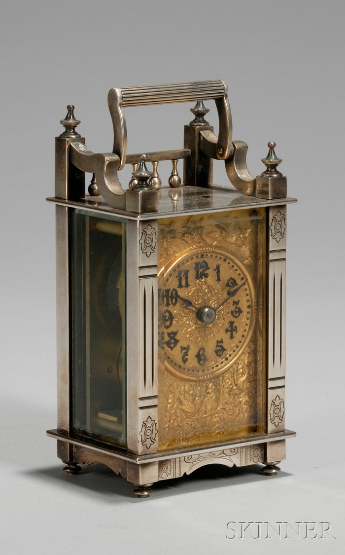 Appraisal: Nickel-Cased Carriage Clock with brass Arabic numeral dial beveled glass