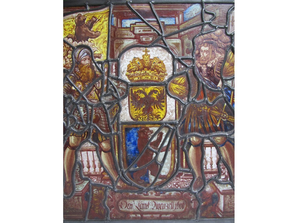 Appraisal: A German th Century stained and leaded glass panel painted