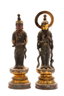 Appraisal: Pair of Japanese Carved Wood Buddhistic Figures Japanese th th