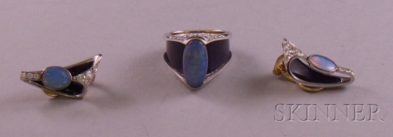 Appraisal: Modernist kt White Gold Opal Midnight Blue Enamel and Diamond