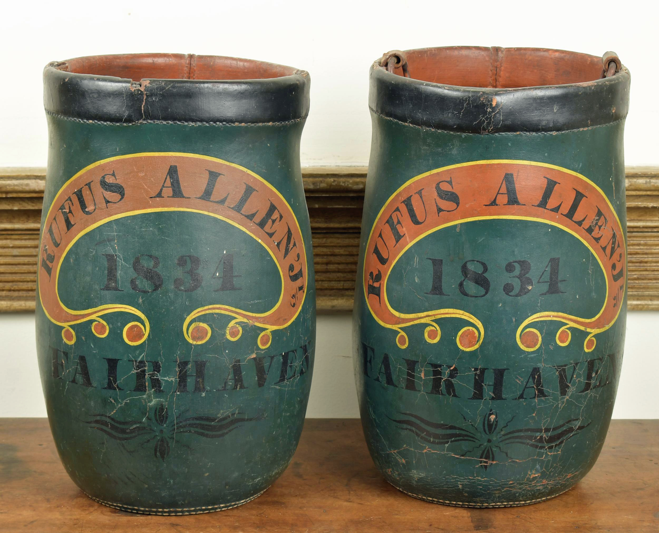 Appraisal: RUFUS ALLEN FAIRHAVEN FIRE BUCKETS Two painted leather fire buckets