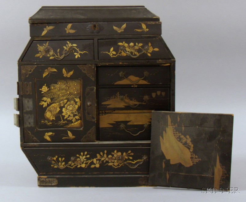 Appraisal: Japanese Gilt Decorated Black Lacquered Collector's Trinket Cabinet ht in