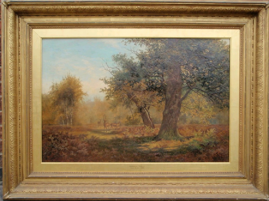 Appraisal: Chas Wilde 'Sherwood Forest' deer in a woodland landscape oil