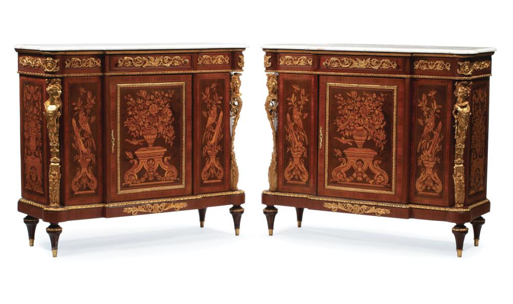 Appraisal: Pair of Louis XVI-Style Bronze Mounted Marquetry Cabinets breakfronted white