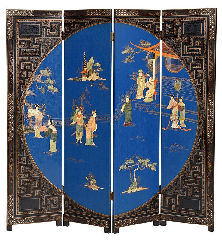 Appraisal: Chinese Stone Inlaid Four Panel Screen th century blue and