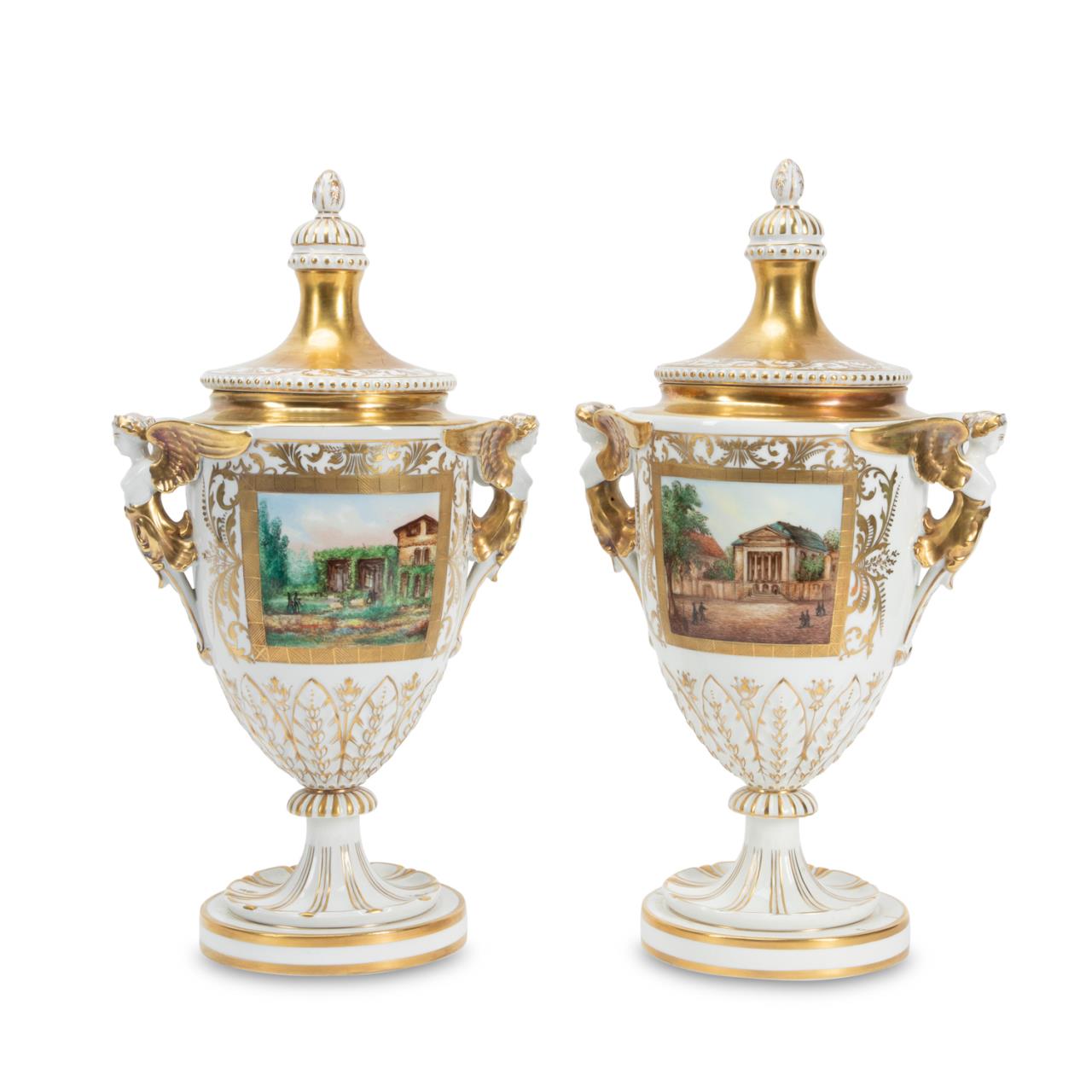 Appraisal: PAIR DRESDEN PORCELAIN LIDDED LANDSCAPE URNS Dresden German - pair