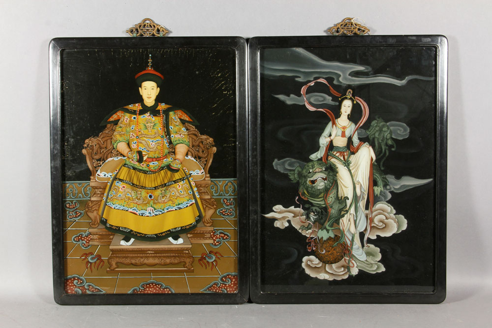 Appraisal: - Piece Chinese Painting on Glass Three piece Chinese reverse