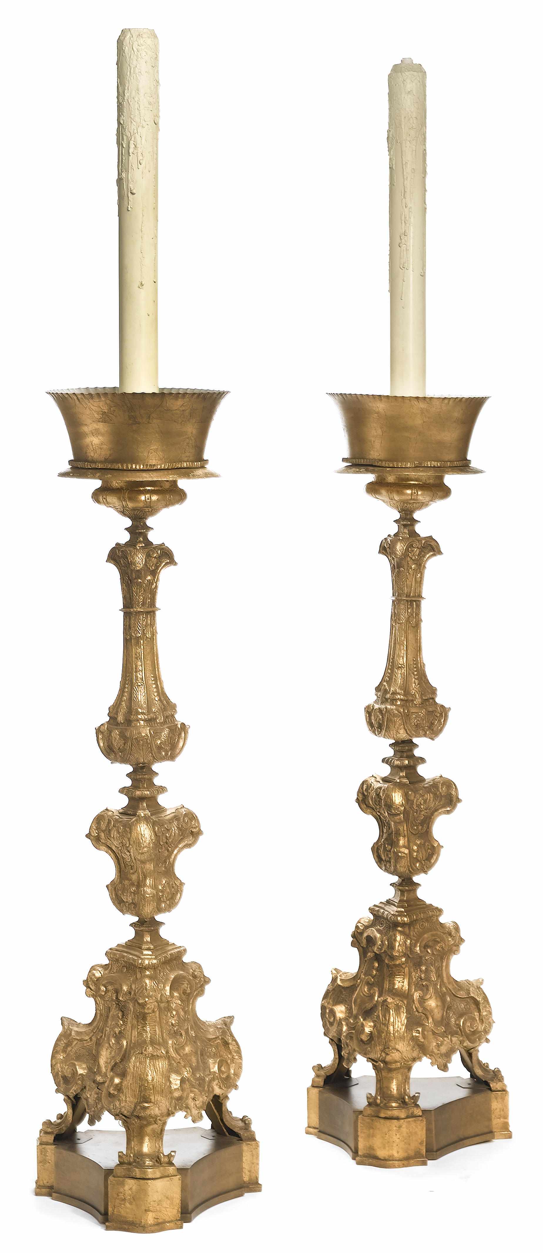 Appraisal: A pair of monumental Baroque style gilt metal floor torchres