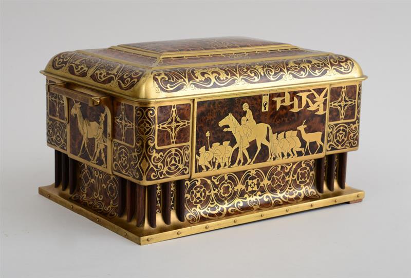 Appraisal: ATTRIBUTED TO ERARD AND SOHNE BRASS-INLAID BURRWOOD JEWELRY BOX The