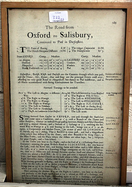 Appraisal: AN ANTIQUE MAP OF THE ROAD FROM OXFORD TO SALISBURY