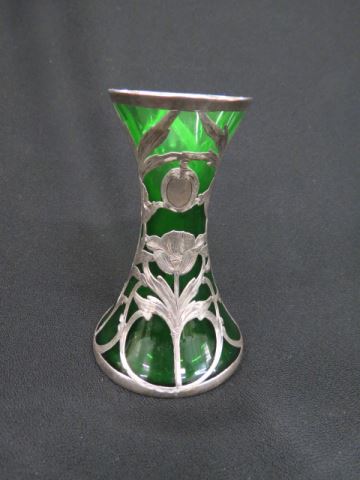 Appraisal: Silver Overlay Green Glass Vase floral signed Alvin excellent