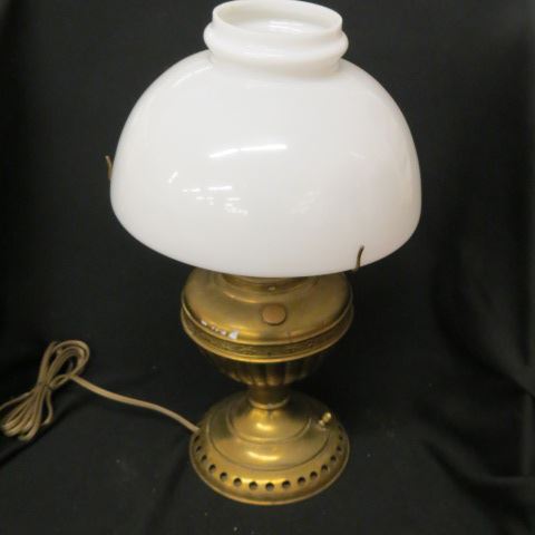 Appraisal: Brass Kerosene Lamp milk glass shade electrified