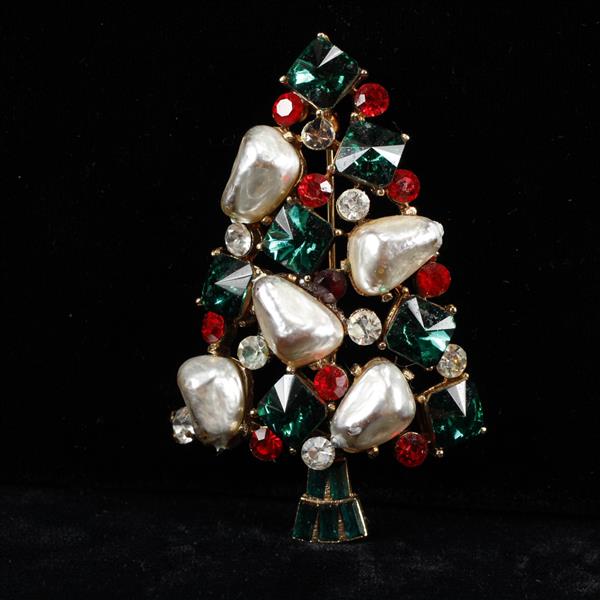 Appraisal: MYLU Jeweled Christmas Tree Brooch with faux pearls Missing stone