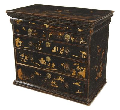 Appraisal: A William and Mary black lacquer chest the moulded cornice