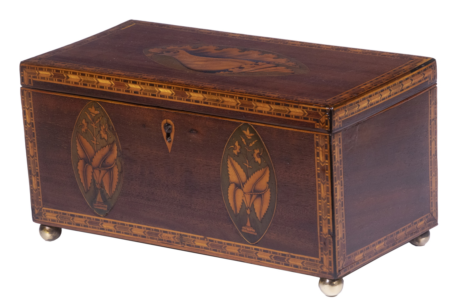 Appraisal: ENGLISH MAHOGANY TEA CADDY th c Marquetry and Parquetry Inlaid