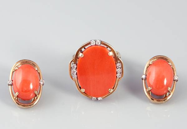 Appraisal: A collection of coral diamond and gold jewelry featuring a