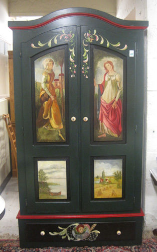 Appraisal: PAINT DECORATED TWO-DOOR WARDROBE antique reproduction dated the doors featuring