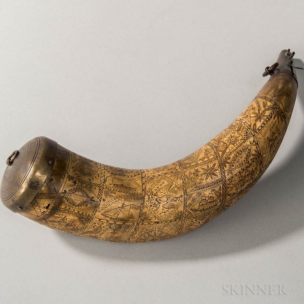 Appraisal: Intricately Carved Powder Horn Intricately Carved Powder Horn c late