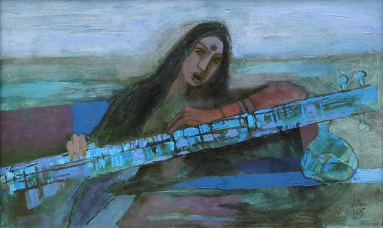 Appraisal: HUSAIN Maqbool Fida Indian - Woman Playing Sitar Oil Canvas