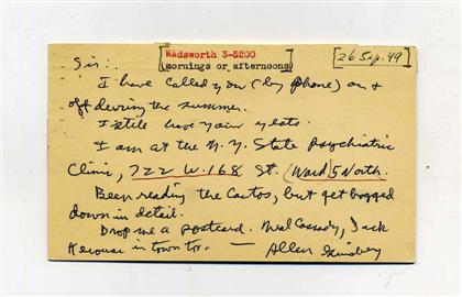 Appraisal: pieces Ginsberg Allen Manuscript Material C Autograph Post Card Signed