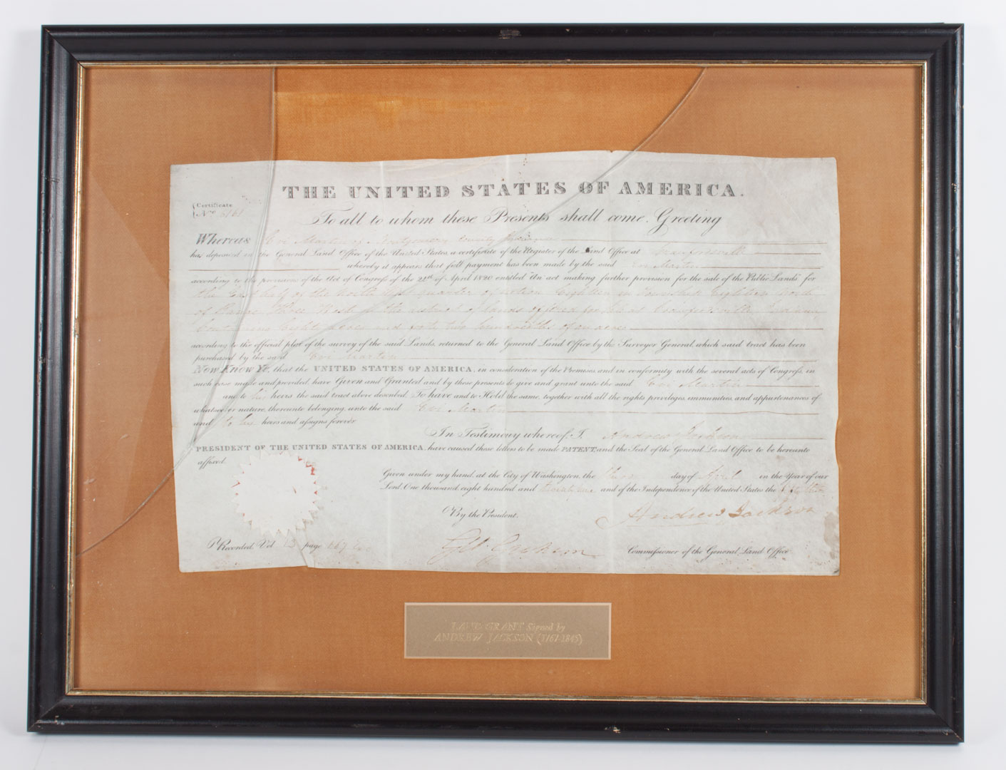 Appraisal: Presidential Autograph Andrew Jackson signature on a part-printed deed for