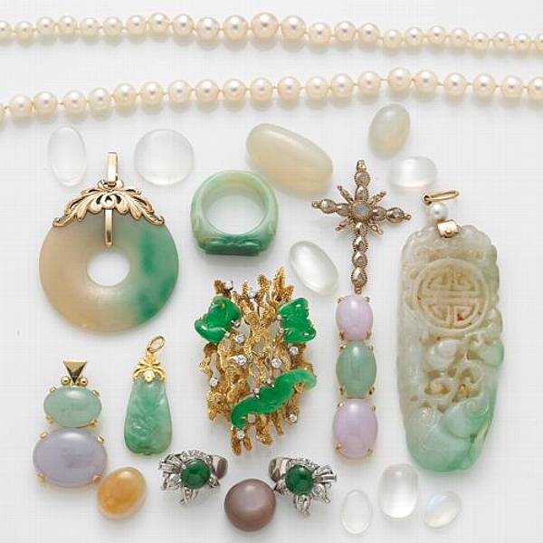 Appraisal: A collection of multi-colored jade diamond cultured pearl moonstone k